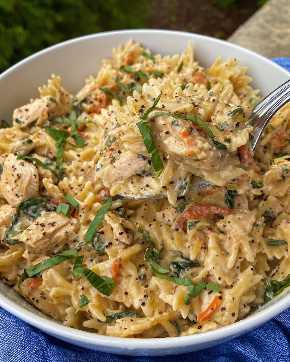 A close-up top view of a pan filled with creamy orzo pasta mixed with green spinach leaves and small pieces of cooked chicken, along with bits of sun-dried tomatoes. The creamy sauce is light beige with a smooth, slightly glossy texture, coating the orzo and ingredients evenly. Wooden cooking utensils are partially immersed in the dish on the right side. The background shows part of a white marbled kitchen countertop and a box of uncooked orzo pasta. Photo taken with an iphone --ar 4:5 --v 7