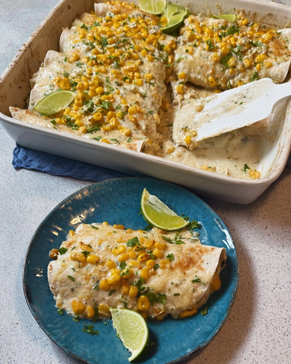 A white rectangular baking dish filled with a baked dish showing three layers: the bottom layer is soft corn tortillas soaked in sauce, the middle layer is creamy melted cheese in orange and white shades, and the top layer is a generous spread of yellow corn kernels mixed with freshly chopped green herbs, sprinkled with dark spices and seasoning, with some browned crispy spots around the edges. The dish sits on a white marbled surface with a blue and white woven cloth partially visible in the background. photo taken with an iphone --ar 4:5 --v 7