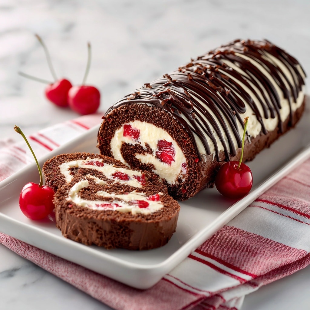 A chocolate roll cake is shown on a long white plate resting on a white marbled surface with a red and white striped cloth underneath. The cake has a dark brown chocolate sponge layer wrapped around a thick white cream filling with red fruit pieces mixed in, arranged in a spiral pattern. The top of the cake is decorated with a glossy dark chocolate drizzle in uneven lines across its length. Two slices are cut from the roll and placed in front of it, showcasing the swirl of cream and fruit inside. Two bright red cherries with stems lie beside the slices on the plate. Photo taken with an iphone --ar 4:5 --v 7