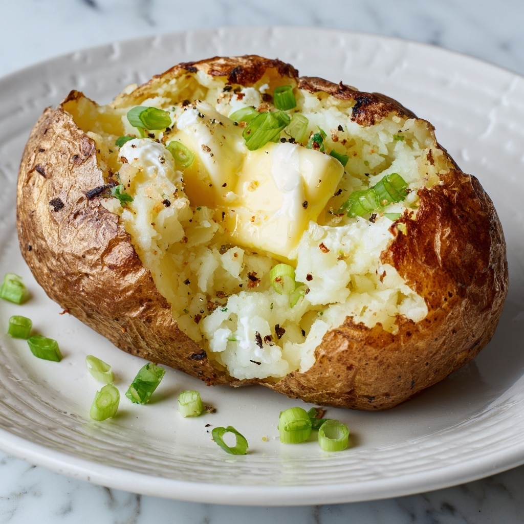 A baked potato with a light brown, slightly speckled skin is split open in the center, revealing a fluffy white interior. Inside the potato, there is a pat of melting pale yellow butter. Chopped green onions are scattered on top of the potato and around it, adding bright green color. The potato is placed on a white plate with a subtle cross pattern, set on a white marbled surface. photo taken with an iphone --ar 4:5 --v 7