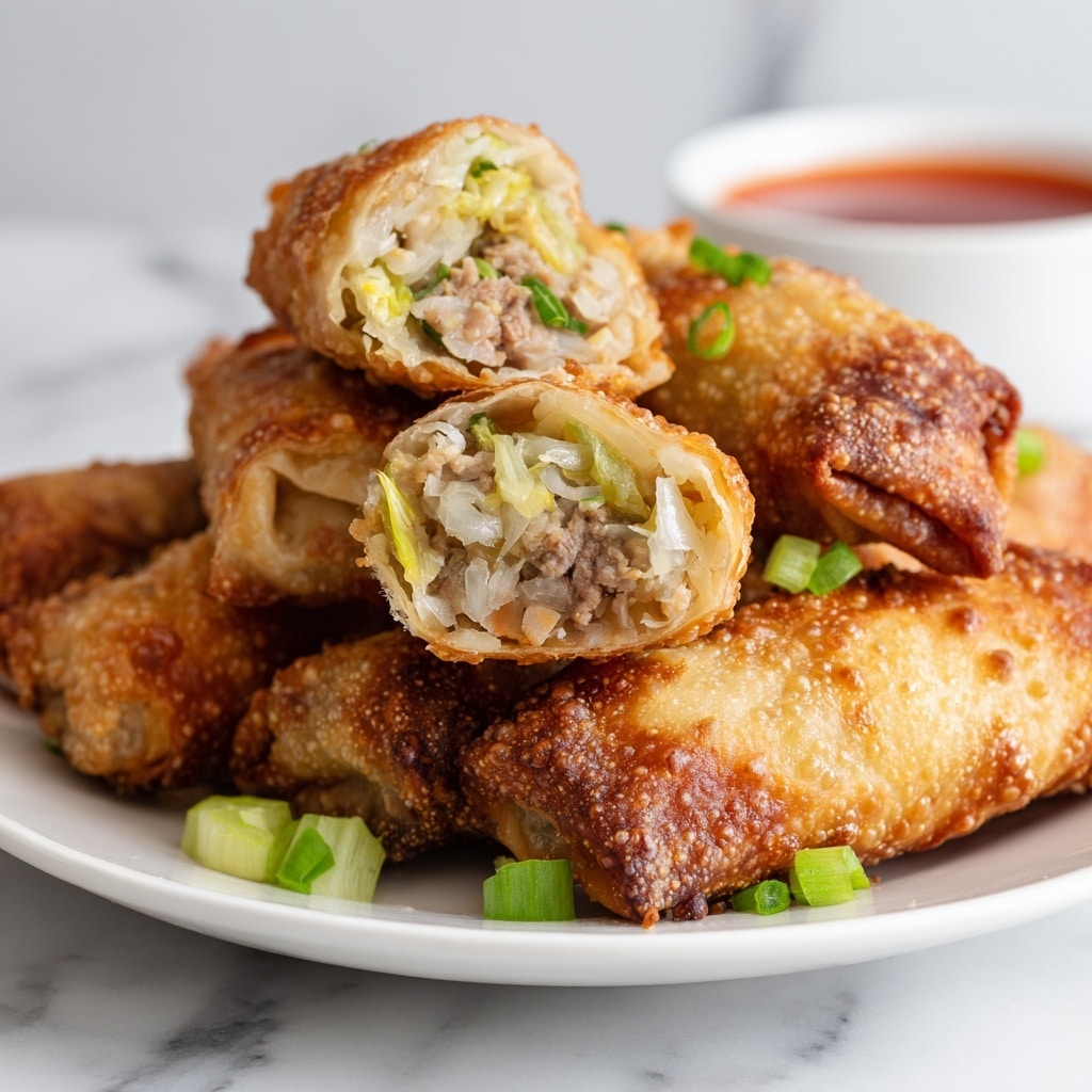 The image shows several golden brown, crispy egg rolls stacked on a white plate with a blue rim, placed on a white marbled surface. One egg roll is cut in half, revealing layers of light-colored shredded cabbage, green herbs, and ground meat inside. Another half of the egg roll is dipped into a white bowl filled with bright orange-red sweet chili sauce, showing some sauce clinging to the egg roll edges. The egg rolls have a bubbly, crunchy texture on the outside, and the sauce looks thick with visible chili bits. Photo taken with an iphone --ar 4:5 --v 7
