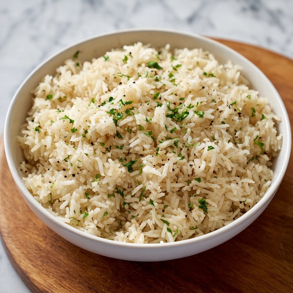 A close-up view of a large round white bowl filled with cooked rice that has a light cream color with a slightly fluffy texture. The rice is sprinkled with small bits of green herbs and tiny black pepper flakes evenly spread throughout the top layer, adding contrasting colors. The bowl is placed on a wooden surface with a soft focus gray and white checkered cloth in the background. The rice looks tender and moist, with individual grains clearly visible and slightly separated. photo taken with an iphone --ar 4:5 --v 7