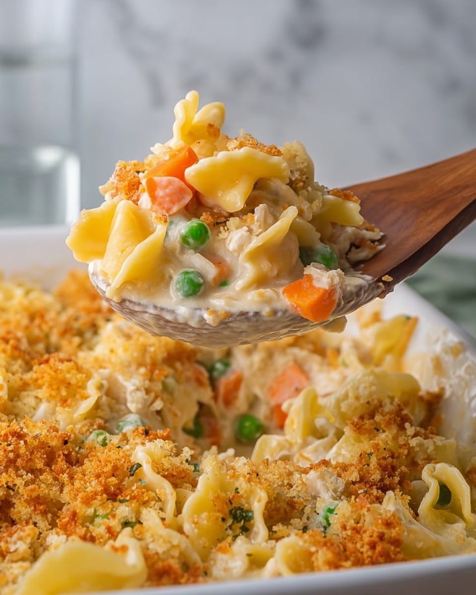 A shiny silver pan is filled with wide egg noodles mixed with small green peas and tiny orange carrot pieces, all covered in a creamy light yellow sauce. On top, there is a layer of golden brown bread crumbs that look crunchy and toasted. A wooden spoon dips into the pan, lifting some noodles and vegetables. The pan sits on a soft beige cloth over a white marbled surface. In the background, a stack of white bowls is partly visible. Photo taken with an iphone --ar 4:5 --v 7