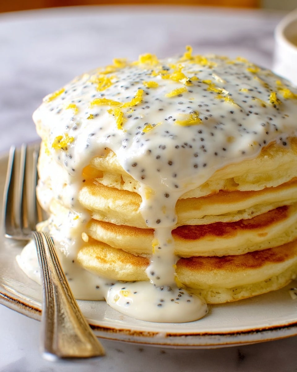 A stack of five thick, fluffy pancakes sits in the center of a white plate, each pancake showing a light golden brown color around the edges and soft creamy yellow in the middle. They are soaked in a smooth, white glaze with small black seeds spread evenly throughout, dripping a little down the sides. Bright yellow lemon zest is lightly sprinkled on top, adding tiny pops of color. A silver fork rests against the plate at the bottom left. In the blurred background, a carton of egg whites, a whisk, and two whole lemons sit on a wooden surface, which has been changed to a white marbled texture. The whole scene is bright and inviting, photo taken with an iphone --ar 4:5 --v 7