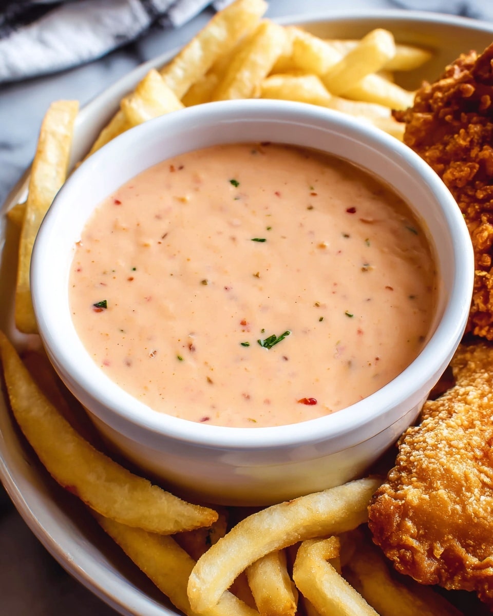 A white round bowl filled with creamy, light pink dipping sauce sits in the center of a white round plate. Surrounding the bowl are golden, crispy French fries with a slightly rough texture and a few golden brown fried chicken nuggets that have a crunchy, uneven coating. The plate is placed on a white marbled surface with a white cloth featuring red stitching in the background. The close-up photo captures the different textures and warm colors of the food. photo taken with an iphone --ar 4:5 --v 7
