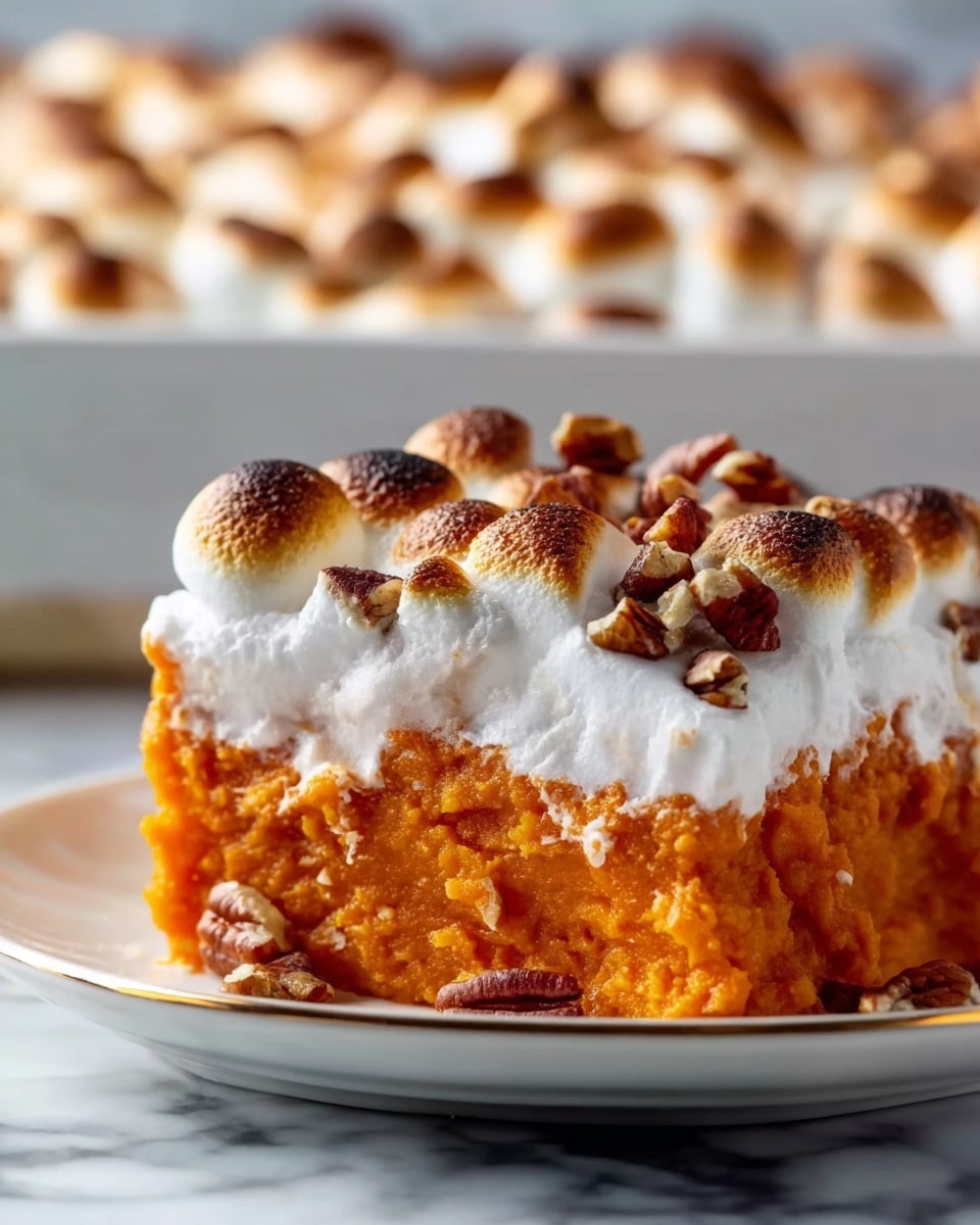 A white rectangular dish filled with a three-layer casserole on a white marbled surface. The bottom layer is bright orange with a mashed texture, likely cooked sweet potatoes. The middle layer is creamy white and smooth, covering the orange base partially. The top layer consists of many large toasted marshmallows, golden brown on top with a soft, gooey texture underneath. Scattered among the marshmallows are medium-sized brown pecan nut pieces, adding texture and color contrast. The edges show some melted orange sweet potato peeking through. photo taken with an iphone --ar 4:5 --v 7