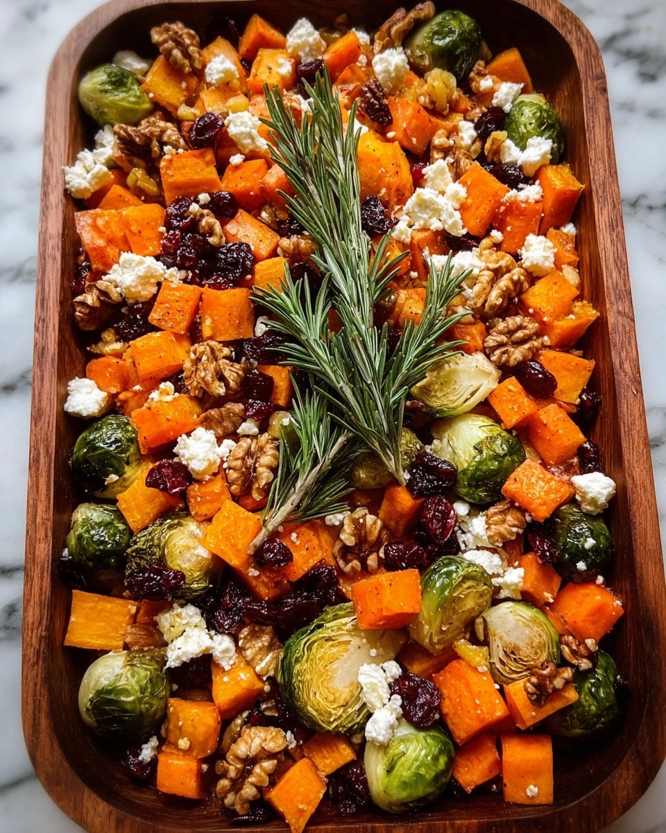The dish shows a close-up of a wooden tray filled with roasted vegetables and toppings. The base layer consists of bright orange sweet potato cubes and carrot pieces with a slightly crispy look, mixed with green, roasted Brussels sprouts that have browned edges. Scattered on top are white, crumbly cheese pieces and plenty of walnut halves, adding a rough texture. Small dark red cranberry pieces dot the dish, giving pops of color. Finally, two sprigs of fresh green rosemary lay on top, adding a fresh and natural touch. The tray is placed on a white marbled surface. photo taken with an iphone --ar 4:5 --v 7