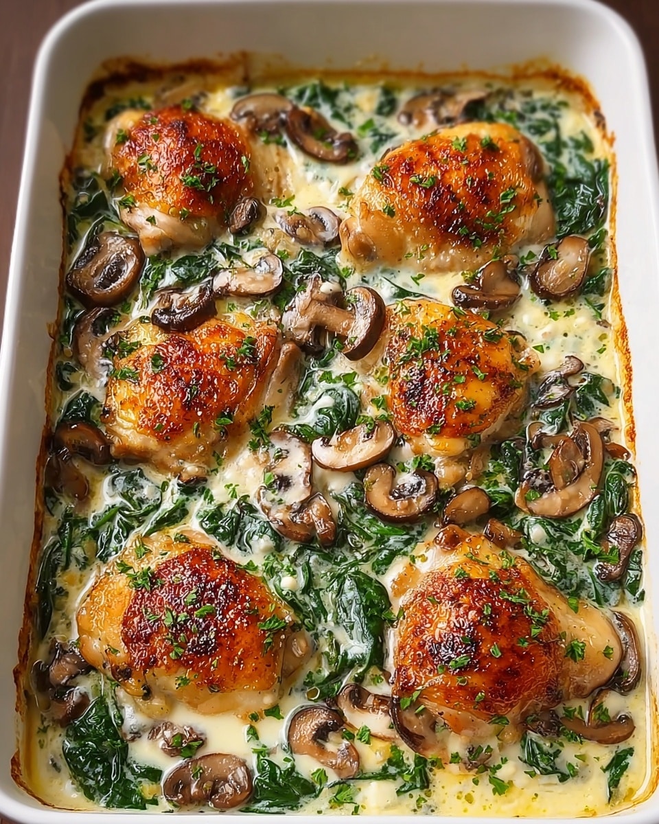 This image shows a white ceramic baking dish with eight pieces of golden-brown roasted chicken thighs arranged evenly on top of a creamy mixture of wilted dark green spinach and soft, sliced brown mushrooms. A light creamy sauce peeks through between the layers, glistening with slight bubbling, hinting at a rich texture. Small green herbs are sprinkled over the entire dish, adding a fresh hint of color contrast to the warm tones of the chicken. The white marbled surface under the dish adds a clean, elegant background to the rustic baked meal. photo taken with an iphone --ar 4:5 --v 7
