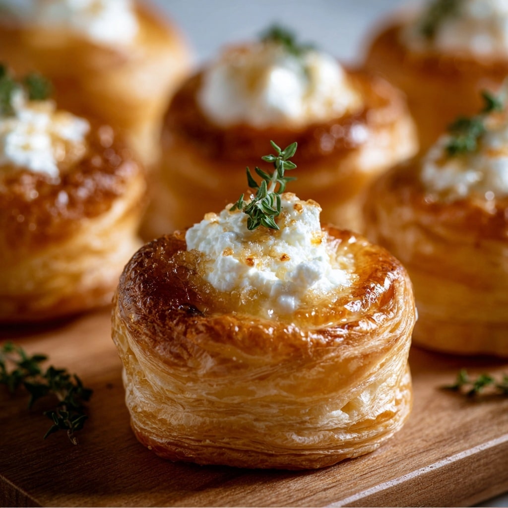 The image shows golden-brown puff pastry nests with multiple thin flaky layers visible around the sides, each topped with a creamy white cheese filling that has a soft, slightly crumbly texture. On top of the cheese, there is a small sprig of fresh green thyme, and the pastries appear slightly shiny as if brushed with a glaze. The background is a white marbled texture with scattered thyme leaves and salt crystals around the pastries, giving a fresh and elegant look. Photo taken with an iphone --ar 4:5 --v 7