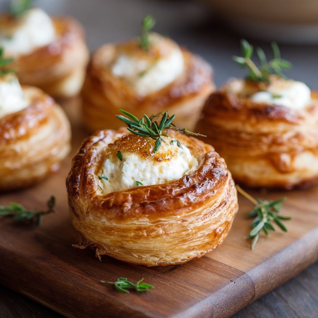 The image shows several small round pastries arranged on a wooden surface, each with about three layers of flaky, golden-brown puff pastry forming a cup shape. Inside the pastry cup is a white, soft cheese filling with a creamy texture, topped with small sprigs of fresh green herbs and a light glaze that adds a shiny look. The background is softly blurred with more of these pastries visible. The overall tone is warm and inviting, highlighting the crispiness of the pastry and the freshness of the herbs. Photo taken with an iphone --ar 4:5 --v 7
