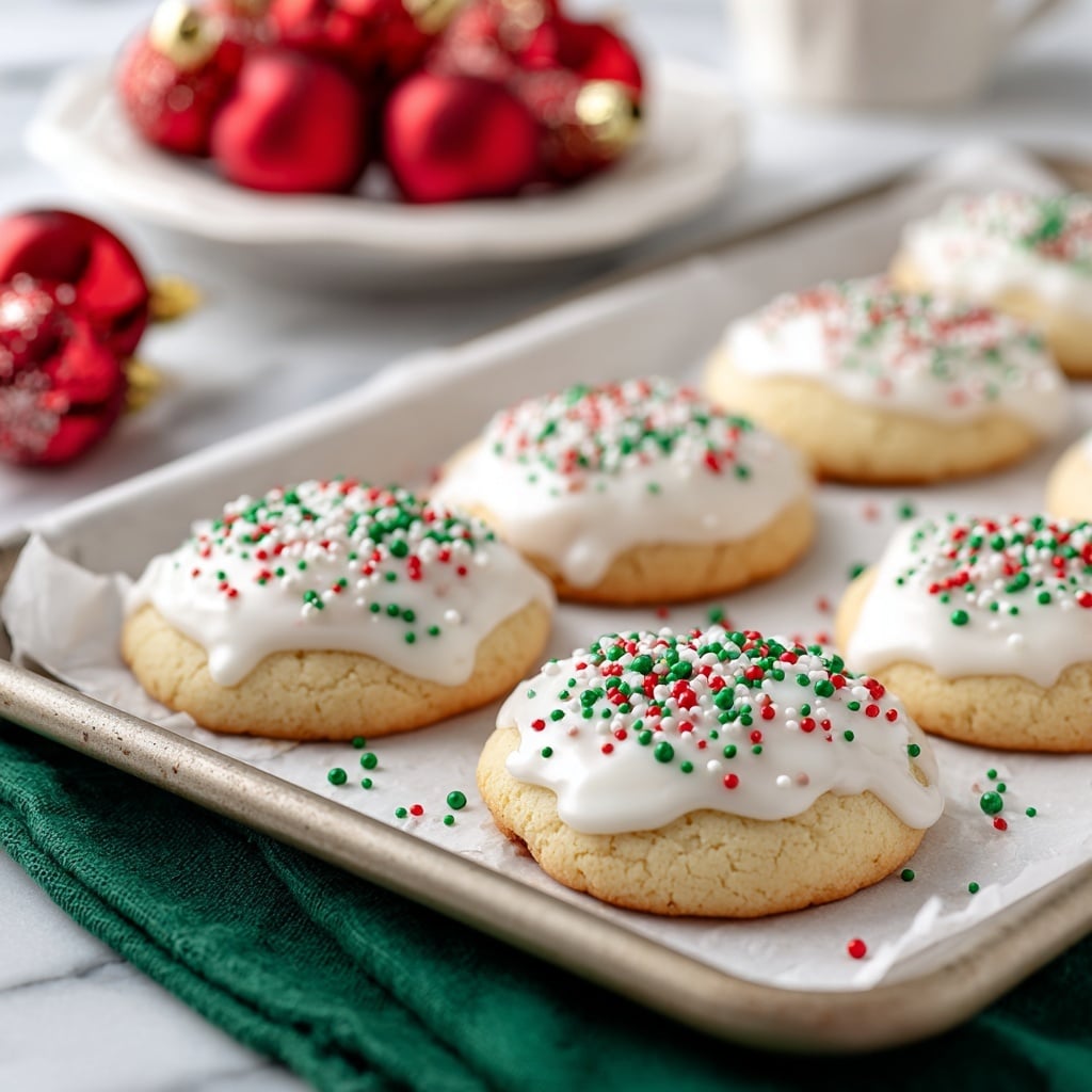 The image shows soft, round cookies on a white baking tray lined with parchment paper, each cookie topped with a thick layer of white icing that drips slightly down the sides. On top of the icing, there are small round sprinkles in red, green, and white colors scattered generously, with some sprinkles spilled onto the parchment paper. The cookies have a light golden color and a slightly cracked surface beneath the icing. In the background, there are blurred white cookies on a white plate and red Christmas ornaments resting on a white marbled surface, adding a festive feel. photo taken with an iphone --ar 4:5 --v 7