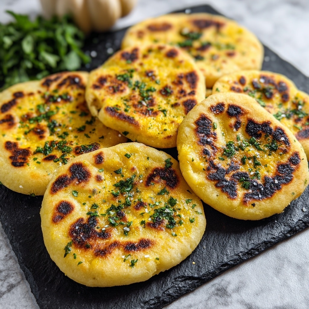 Seven small, round flatbreads with a golden yellow color are shown on a rectangular black slate board. Each flatbread has charred brown spots on the surface and is sprinkled with small green herb pieces. The flatbreads appear soft and slightly thick with uneven edges. In the background, there is a bunch of fresh green herbs and a large orange pumpkin, all set on a white marbled surface. photo taken with an iphone --ar 4:5 --v 7