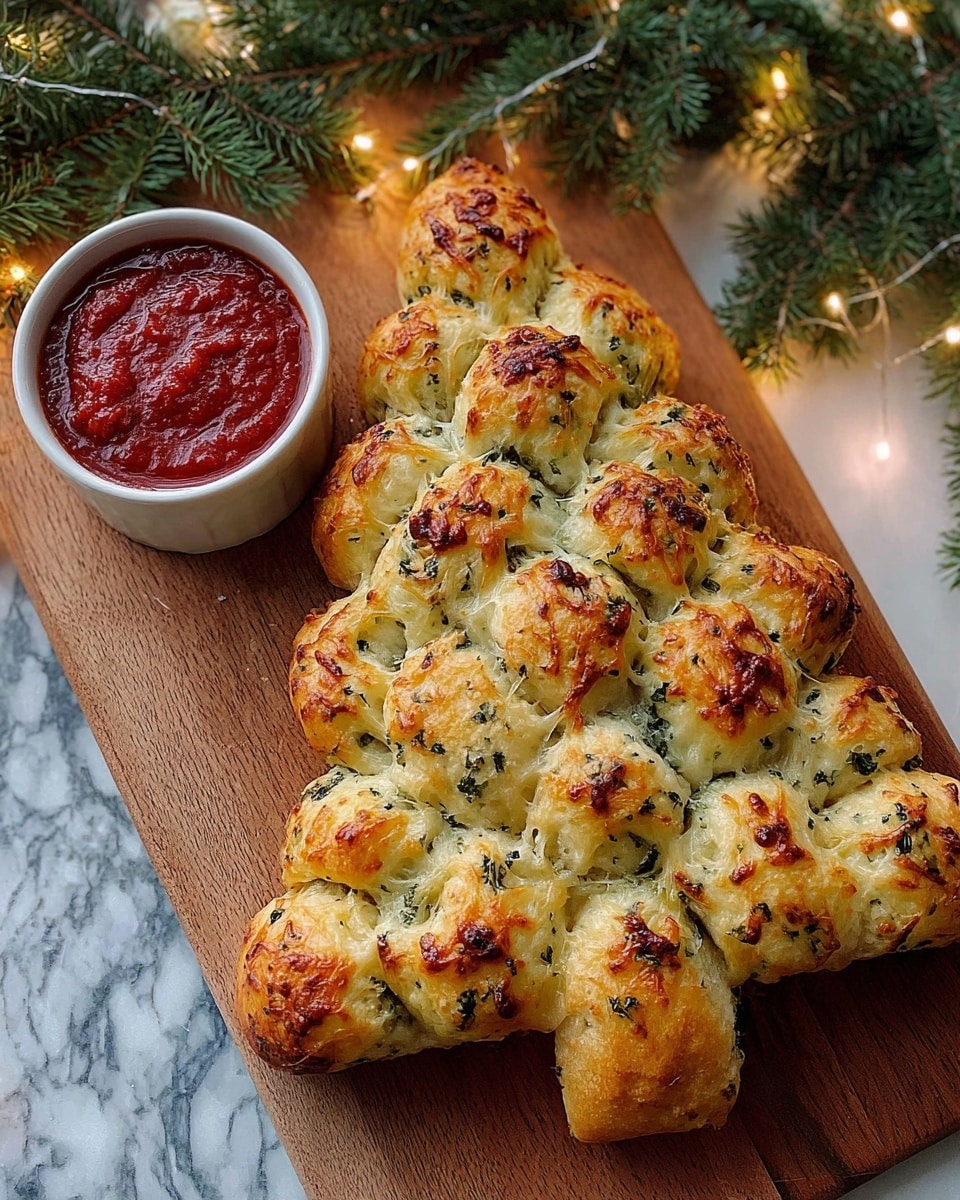 A golden-brown pull-apart bread shaped like a Christmas tree with multiple rounded dough balls forming layers from the wide base to a pointed top, each ball having melted cheese and finely chopped herbs like parsley visible on the surface, giving a slightly speckled green effect; the bread sits on a wooden board with a white bowl filled with red marinara sauce on the left and sprigs of fresh rosemary on the side, all against a white marbled textured background accented with soft glowing string lights above. photo taken with an iphone --ar 4:5 --v 7
