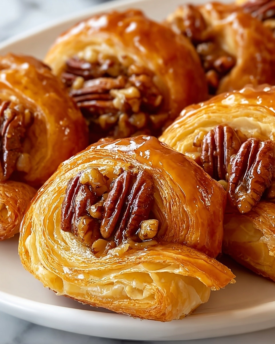 A close-up view of a golden-brown croissant with visible layers of flaky, buttery pastry. The croissant is topped with a glossy, caramel-like glaze that shines warmly under the light. On top, there are clusters of whole and chopped pecans, sitting on the glaze, giving a textured and nutty appearance. The croissant is placed on a white plate set against a white marbled surface, with more similar croissants blurred softly in the background, creating a warm and inviting scene. Photo taken with an iphone --ar 4:5 --v 7