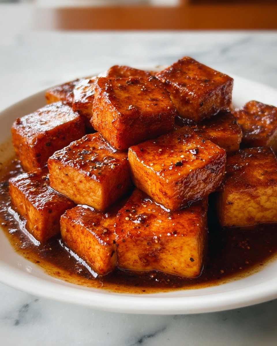 The image shows a white plate filled with cubes of tofu that are glossy and covered in a thick, dark brown sauce. Each tofu piece is evenly cut into medium-sized squares with a slightly crispy texture seen on the edges and a rich reddish-brown color infused by spices. The sauce pools lightly around the tofu, creating a shiny layer that mirrors the texture on each piece. The background has a white marbled texture, adding a clean and simple contrast to the warm tones of the tofu. Photo taken with an iphone --ar 4:5 --v 7