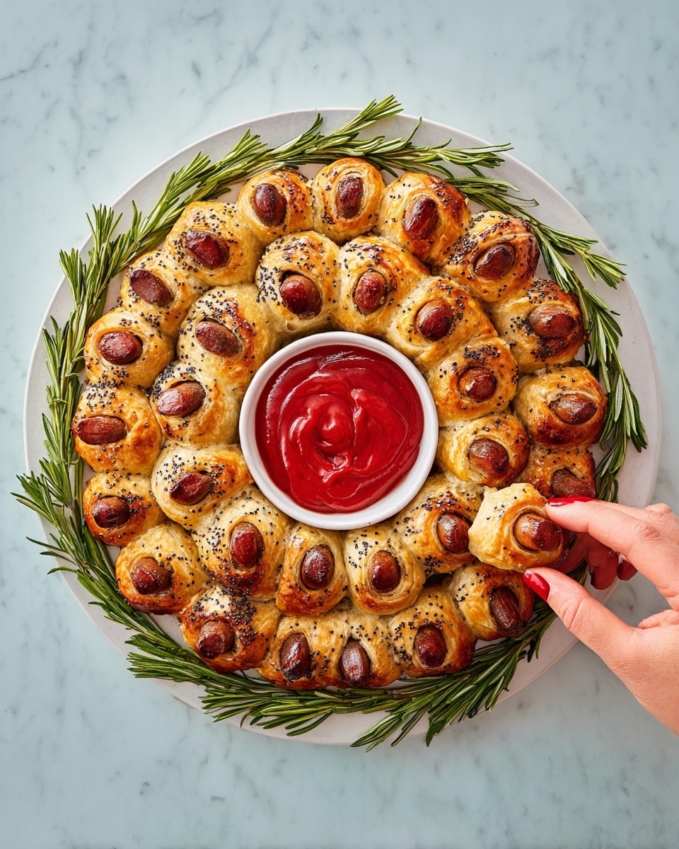 A ring of small golden-brown crescent rolls filled with cooked sausages is arranged on a large white plate. Each crescent roll shows a slightly crispy texture with poppy seeds sprinkled on top, the reddish-brown sausages peeking out from either end. In the center of the ring is a small white bowl filled with smooth, deep red ketchup. Around the edge of the plate, sprigs of fresh green rosemary are placed evenly, adding a fresh touch. A woman's hand is reaching in from the top right corner to pick up one crescent roll. The plate sits on a white marbled surface. photo taken with an iphone --ar 4:5 --v 7