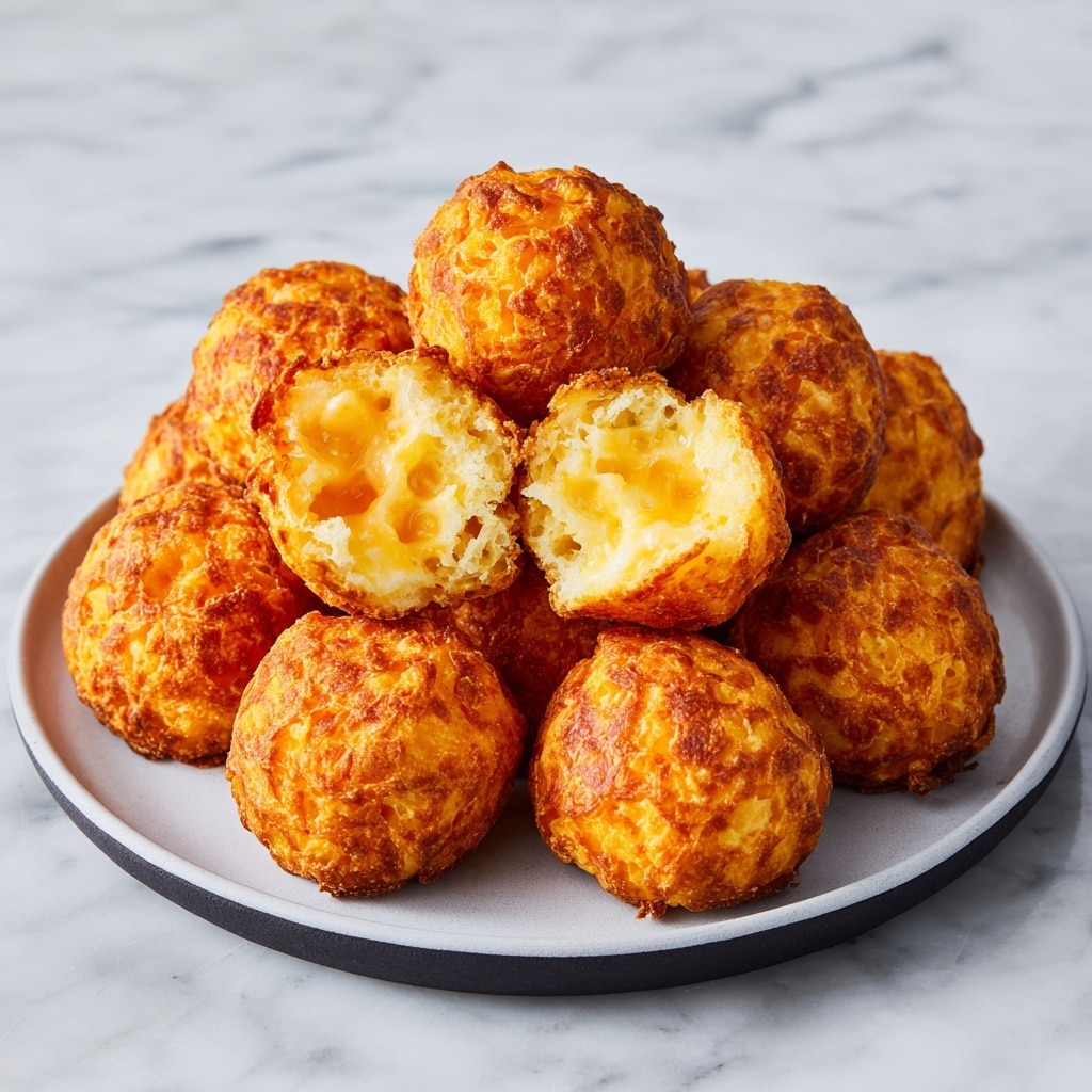 A black round plate holds several golden brown cheese bread balls with a slightly rough and puffy texture. Two of the balls are cut open, revealing their airy and soft inside with a light yellow color and a hollow structure. The plate is placed on a white marbled surface that softly contrasts with the warm tones of the bread. The bread’s outside is shiny and crisp, while the inside looks tender and feathery. photo taken with an iphone --ar 4:5 --v 7