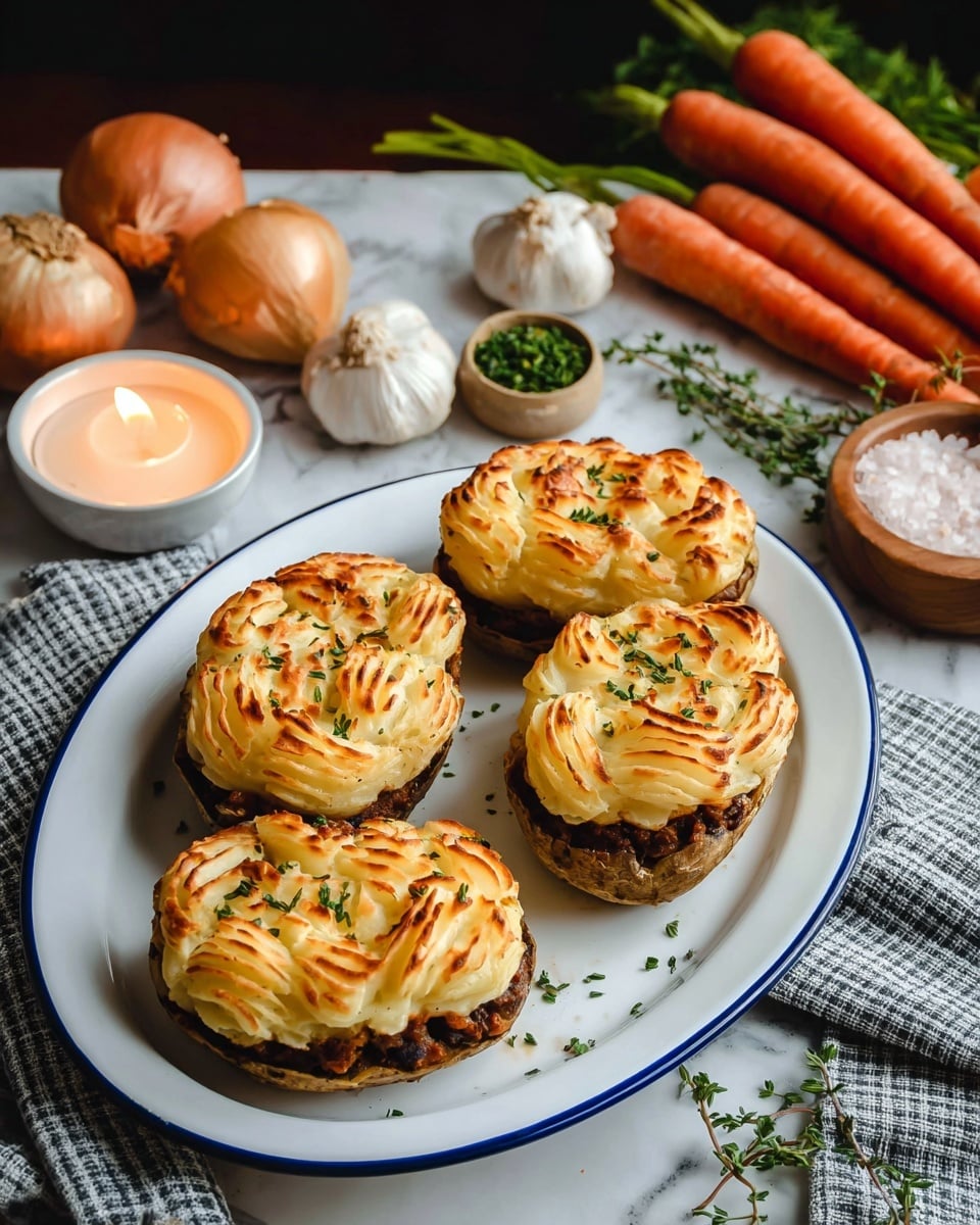 The image shows a white plate with a blue rim holding six stuffed potato halves arranged closely. Each potato half has a golden-brown mashed potato topping piped in wavy ridges, slightly crisp and browned on top. Underneath the topping, the potato skins hold a filling made of ground meat mixed with small pieces of bright orange carrot and green peas, visible in one potato half that is cut open. Small green chive pieces are sprinkled over the tops and plate for garnish. The background has a white marbled texture and some blurred greenery in the distant background. Photo taken with an iphone --ar 4:5 --v 7