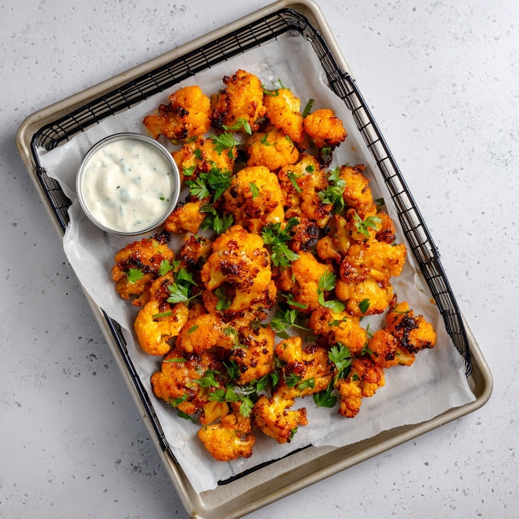 The image shows orange-colored crispy cauliflower pieces spread on a black wire rack over a white marbled surface. In the center, a woman's hand with rings is dipping one cauliflower piece into a small silver metal cup filled with white creamy sauce. Some green herb leaves are scattered among the cauliflower pieces, adding a touch of color. The cauliflower looks crunchy with slight charred spots and a shiny glaze that makes it appear saucy and flavorful. The focus is on the woman’s hand and the dipped piece, with other pieces softly blurred in the background. photo taken with an iphone --ar 4:5 --v 7