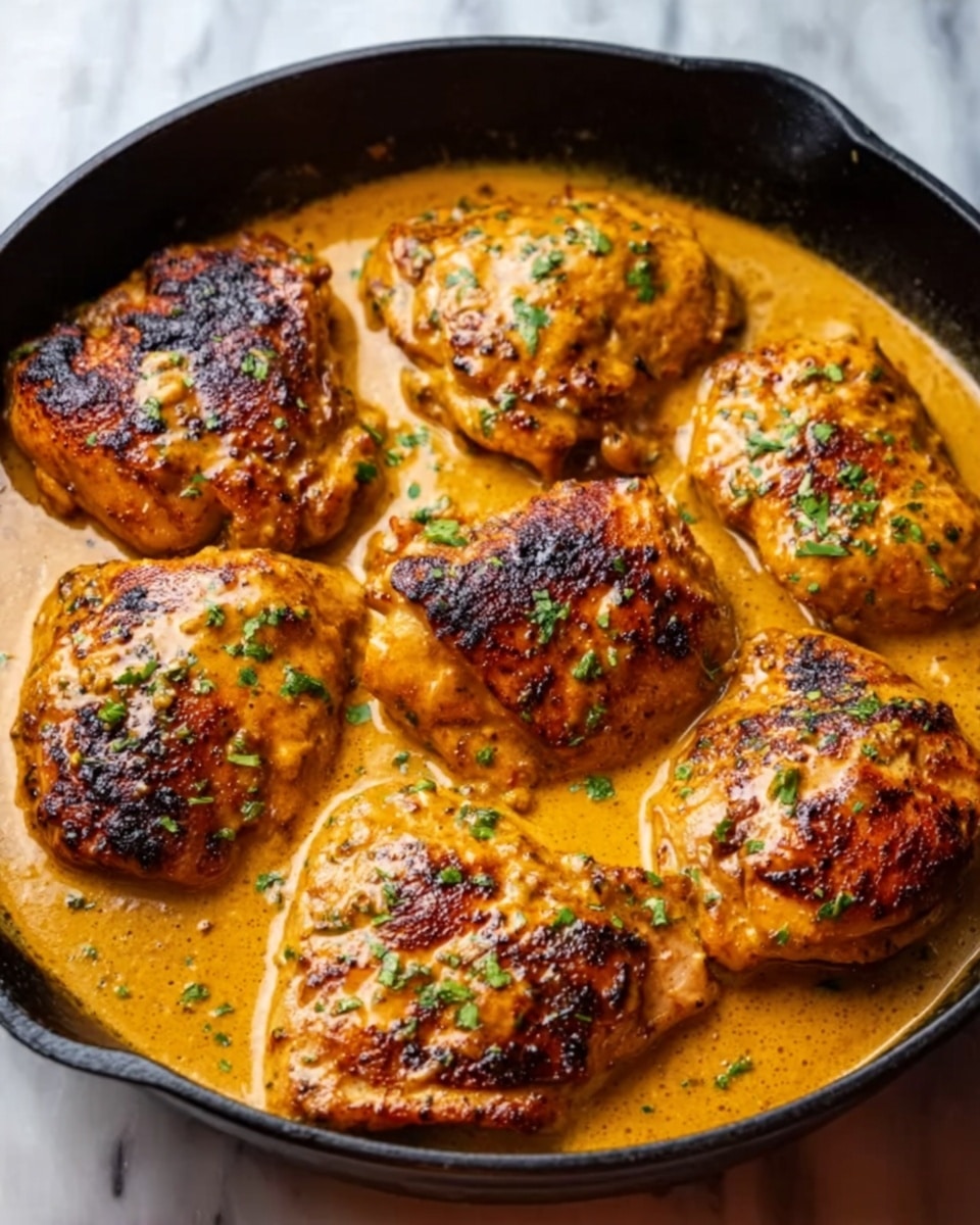 A black skillet filled with seven pieces of browned chicken in a thick orange sauce, garnished with small green herb bits scattered on top. The chicken pieces have a crispy, slightly charred texture and are arranged closely to each other, covered partly by the creamy sauce. The sauce has a smooth look with some shiny spots, filling the skillet around and slightly under the chicken. The skillet sits on a white marbled surface. photo taken with an iphone --ar 4:5 --v 7