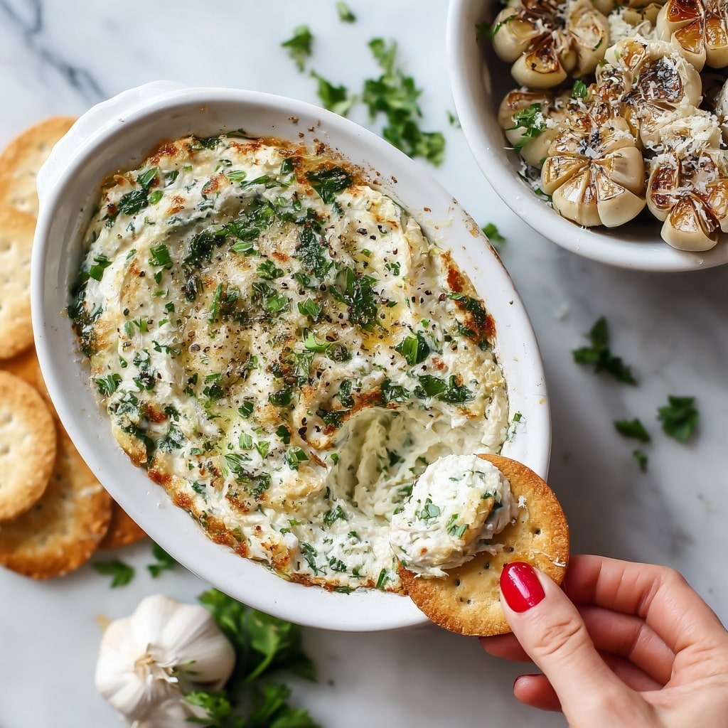 The image shows a white oval dish filled with a thick, creamy, white sauce mixed with green herb pieces. The sauce has a melted, slightly browned layer of cheese on top, giving it a smooth and rich texture. On the surface, there are scattered green leaves of fresh parsley. A woman's hand with red nail polish is lifting a chip covered in the sauce, showing the smooth, creamy coating dripping slightly. The dish rests on a white marbled surface photo taken with an iphone --ar 4:5 --v 7