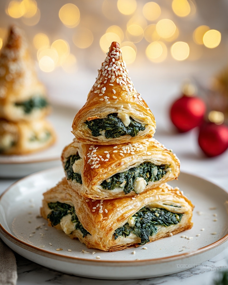The image shows a festive puff pastry shaped like a small Christmas tree, placed on a white plate with a slight rim. The structure has four layers of golden-brown, flaky puff pastry, each layer progressively smaller from bottom to top, forming a triangular tree shape. Between each pastry layer is a generous filling of dark green spinach mixed with creamy white cheese, sprinkled with white and light beige sesame seeds for texture. The top is finished with a pointed puff pastry cone also covered in sesame seeds. The background is softly blurred with warm yellow bokeh lights and hints of red ornament balls, all set on a white marbled surface. Photo taken with an iphone --ar 4:5 --v 7