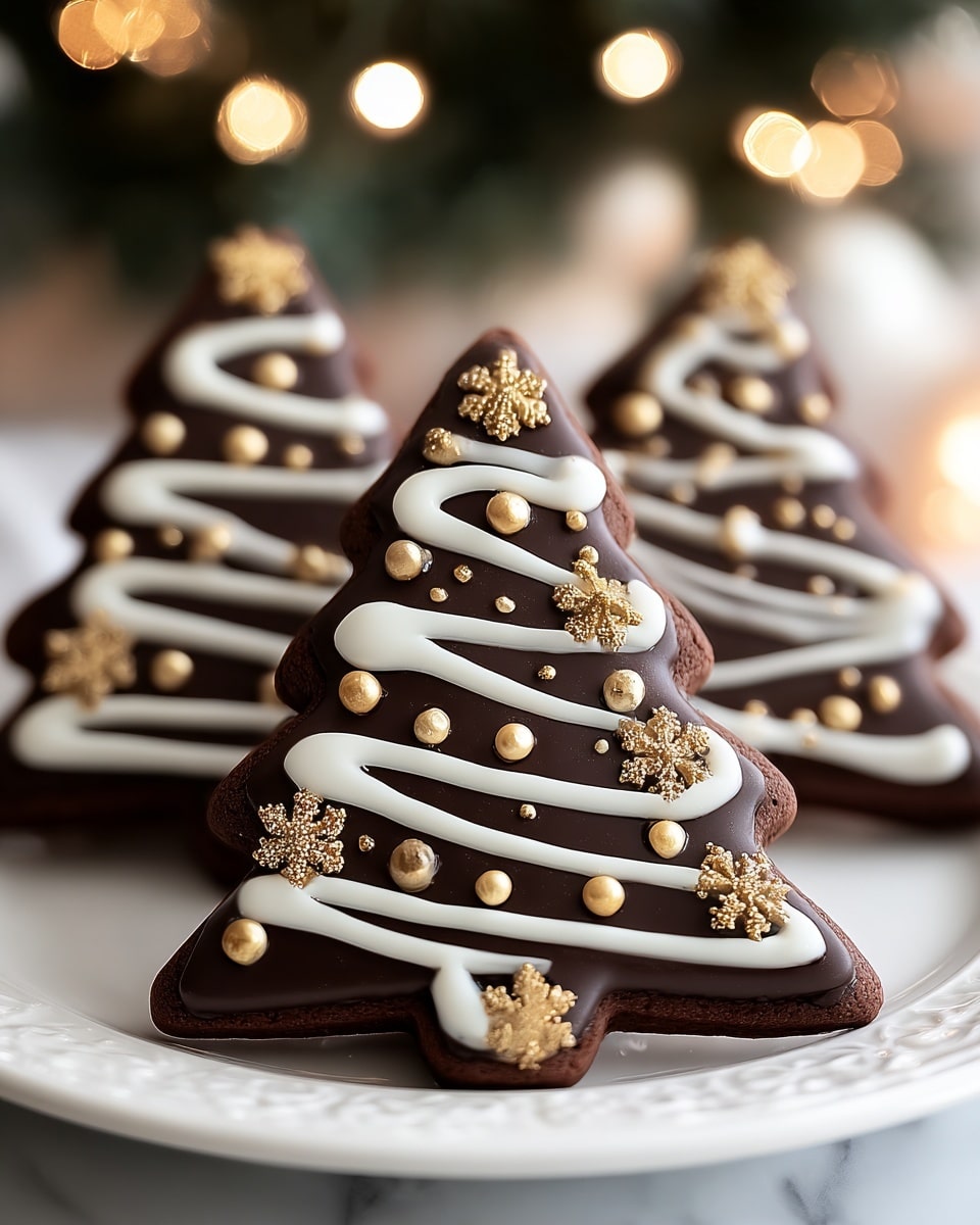 The image shows three Christmas tree-shaped cookies standing on a white plate with a subtle edge pattern, placed on a white marbled surface. Each cookie has three main layers: the base is a dark brown cookie in the shape of a tree; the middle is a smooth, shiny dark chocolate layer covering the cookie surface; the top layer is creamy white icing piped in thick, wavy lines across the tree from top to bottom. Small round golden balls and delicate golden snowflake decorations are placed evenly within the icing lines on each cookie. The background is softly blurred green with round, warm yellow lights. photo taken with an iphone --ar 4:5 --v 7
