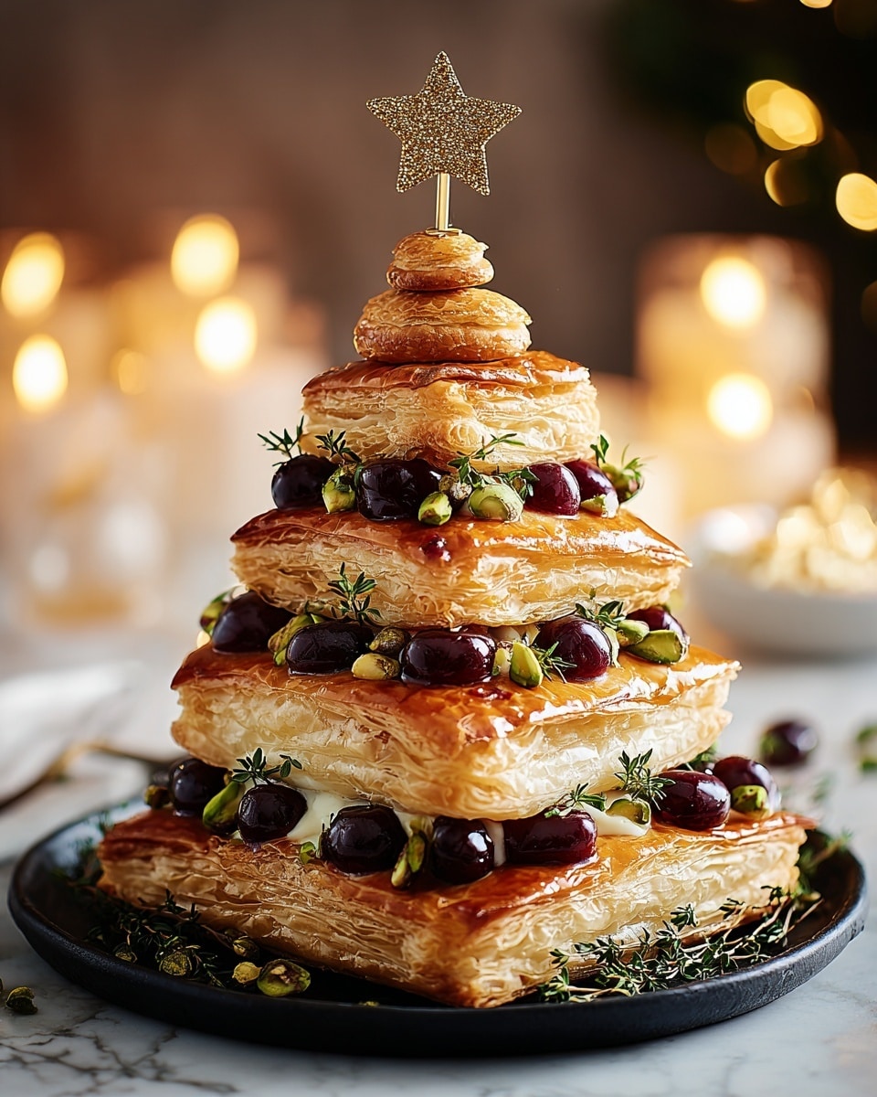 A layered pastry dessert shaped like a Christmas tree has five uneven square layers stacked from largest at the bottom to smallest at the top, each layer a golden-brown flaky puff pastry with a shiny glaze. Between each layer, there are clusters of dark red cherries and green pistachios, creating a colorful contrast. Small green sprigs of thyme are placed around the tree, adding a fresh touch. The top layer is decorated with a small pastry piece and a glittery gold star on a stick. The entire pastry tree sits on a round black plate, set against a warm, blurred background with soft yellow lights and candles, all on a white marbled texture. photo taken with an iphone --ar 4:5 --v 7