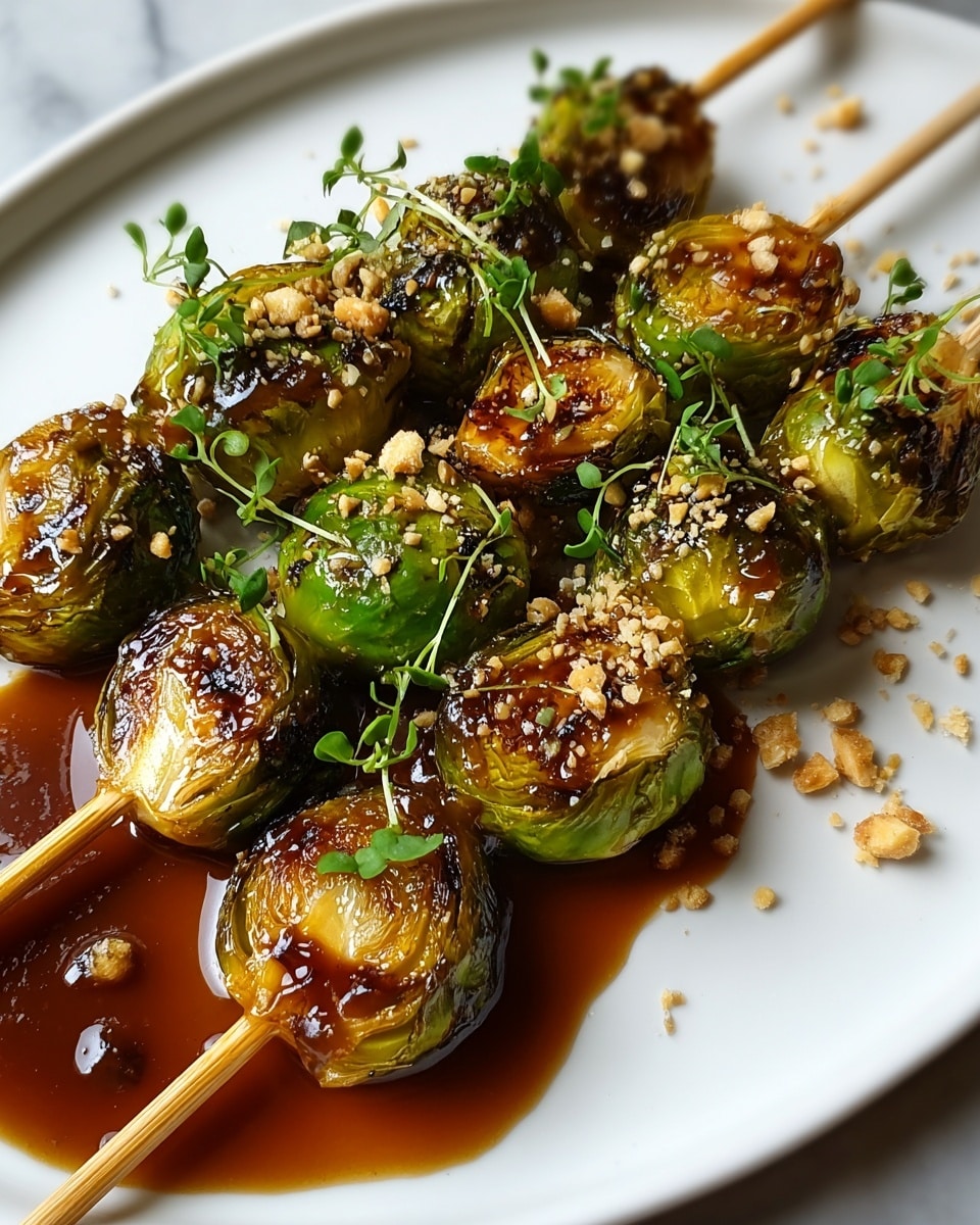 A white plate holds three wooden skewers each pierced with four to five Brussels sprouts, cooked to a golden brown with caramelized edges and a shiny glaze of dark sauce. The Brussels sprouts range from deep green to golden, showing crisp textures and slight charring. Small pieces of crushed nuts and sprigs of fresh green thyme are scattered on top and around the skewers, adding a natural touch. The sauce pools slightly on the white plate, reflecting the soft lighting of the scene, set against a white marbled surface. photo taken with an iphone --ar 4:5 --v 7