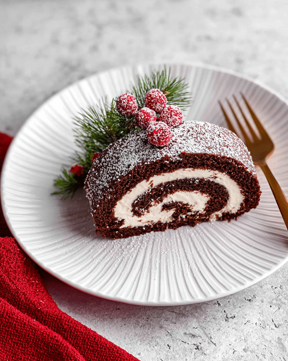 A close-up of a chocolate roll cake slice placed on a white marbled surface with powdered sugar light dusted all over. The cake has two visible layers: a dark brown, soft and moist chocolate sponge layer rolled tightly with a smooth, creamy white filling, creating a spiral pattern inside. The outer chocolate layer is slightly rough with some texture and a thin glossy drizzle of chocolate on top. Part of the whole cake roll is visible above the slice, showing the same layers and a dusting of powdered sugar. There is a small green pine branch near the cake for decoration and a gold fork is seen on the right side. Photo taken with an iphone --ar 4:5 --v 7