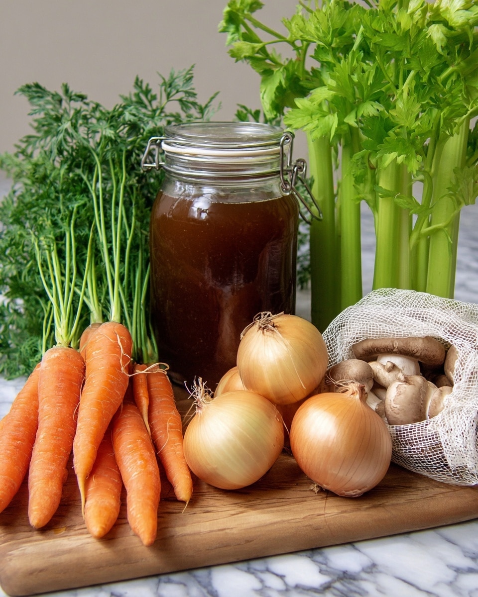 The image shows a wooden round cutting board with a rough edge on a white marbled surface. On the cutting board, there is a bunch of fresh carrots with vibrant orange roots and green leafy tops standing upright on the left side. Next to the carrots, three large, smooth onions with light brown skin rest close together. Behind the onions, there is a tall glass jar filled with dark brown liquid, likely broth or stock, with a metal clasp lid. To the right of the jar, a white mesh bag is filled with several light brown mushrooms. Behind the bag, several green celery stalks with leaves stand upright. The background is plain, with a soft, neutral tone. photo taken with an iphone --ar 4:5 --v 7