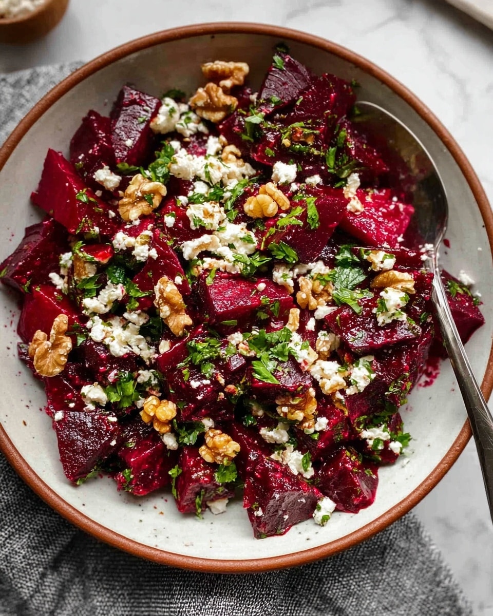 A deep bowl filled with bright dark red beet pieces, cut into small irregular chunks as the first layer with a glossy, slightly wet texture. On top, small pieces of light brown walnuts are scattered, adding crunch. Crumbled white cheese is sprinkled evenly on the beets, adding contrast with its soft texture. Fresh green parsley leaves, roughly chopped, are spread on top for a fresh, leafy touch. The bowl is white inside with a brown rim, resting on a white marbled surface with a gray cloth nearby, and a silver spoon placed inside the bowl. Photo taken with an iphone --ar 4:5 --v 7
