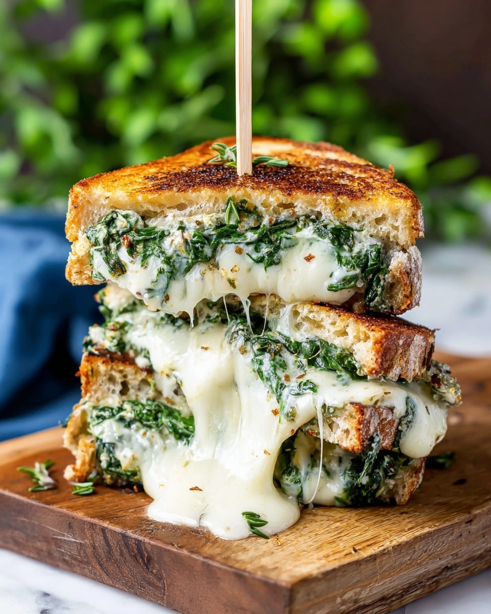 The image shows a close-up of a stacked grilled cheese sandwich cut in half and held together by a wooden skewer. There are three layers of toasted bread, golden brown with a crispy texture. Between each bread layer is a thick, melted white cheese filled with bright green herbs, which spill out slightly and look creamy and gooey. The sandwich sits on a light wooden board against a softly blurred white marbled textured background, with some green leafy herbs visible in the back. Photo taken with an iphone --ar 4:5 --v 7