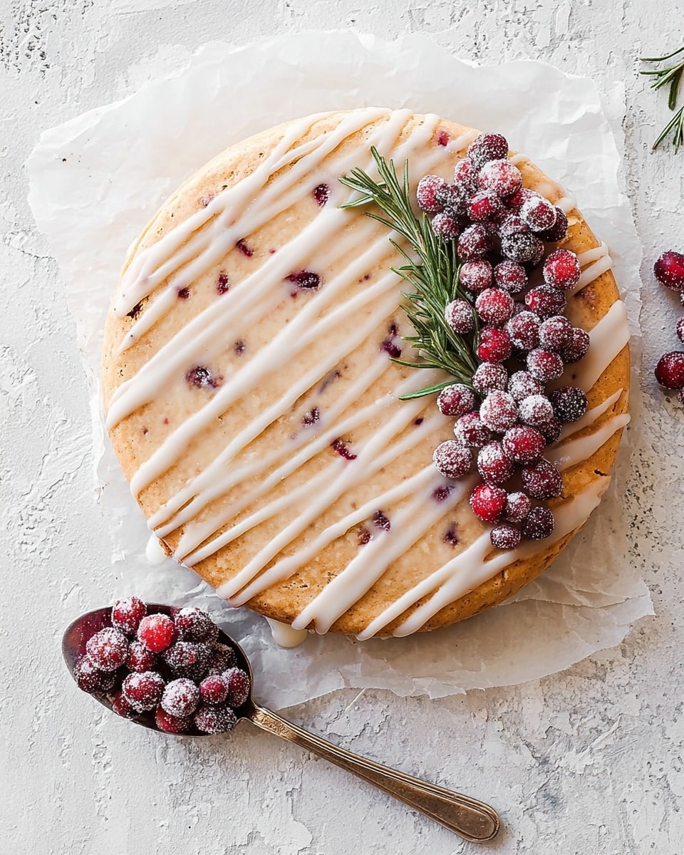 A round cake with a smooth, light brown top that shows small red berry specks inside. It has a thin layer of white icing drizzled in a crisscross pattern over the surface. One side of the cake is decorated with a cluster of red and purple sugar-coated cranberries, topped with a green sprig of rosemary. Next to the cake there is a silver spoon holding more sugared cranberries, all placed on white parchment paper lying on a white marbled textured surface. Photo taken with an iphone --ar 4:5 --v 7
