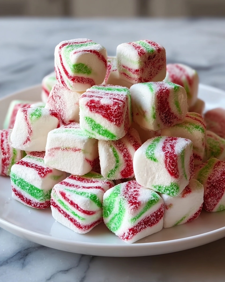 A white plate filled with small, round candies that have three visible layers: a smooth white base layer, a middle stripe of green with a matte finish, and a bright red top layer covered in a light dusting of sugar crystals giving a frosted texture. The candies are stacked loosely, showing the striped pattern clearly on their sides, and a woman's hand holds the plate from underneath. The background is a white marbled texture. photo taken with an iphone --ar 4:5 --v 7