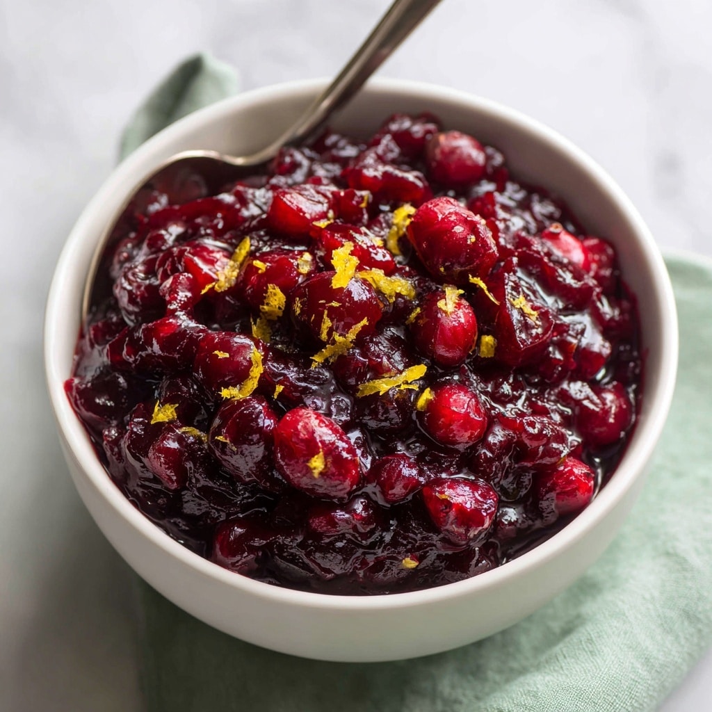 A close-up of a white bowl filled with a thick layer of shiny, deep red cranberry sauce, showing whole and chopped cranberries with a slightly chunky texture. Small bits of bright orange zest are scattered on top, adding pops of color. The bowl rests on a light green cloth on a white marbled surface, with a spoon partially visible inside the bowl at the top left. photo taken with an iphone --ar 4:5 --v 7