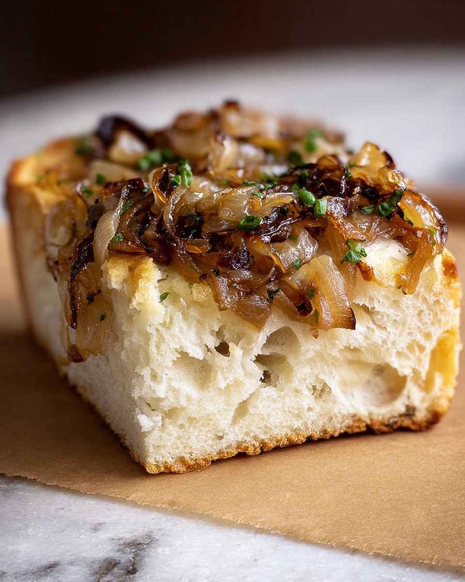 The image shows a thick slice of bread with a soft, light beige crumb full of holes as the base layer. On top of the bread, there is a generous layer of caramelized onions, golden brown with some darker crisp edges, giving a rich, slightly shiny texture. Scattered finely chopped green herbs add small dots of color on the onions. The bread slice is placed on a piece of light brown parchment paper, all set against a white marbled textured surface in soft lighting. Photo taken with an iphone --ar 4:5 --v 7
