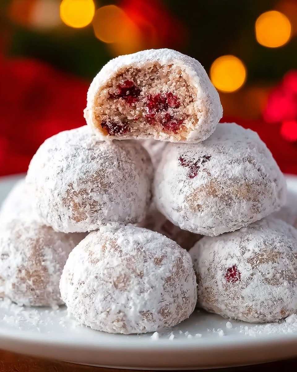 The image shows a pile of round cookies on a white plate with a wavy edge, placed on a white marbled surface. Each cookie has one layer, covered in a thick white powdered sugar coating that gives a soft and powdery texture. The inside of the cookies is light beige with small red berry pieces scattered throughout, adding specks of color. Two cookies are cut in half and stacked on top, showing the soft, crumbly texture inside mixed with the red bits. The cookies look soft and sweet, with the powder sugar dusting making them look snowy. photo taken with an iphone --ar 4:5 --v 7