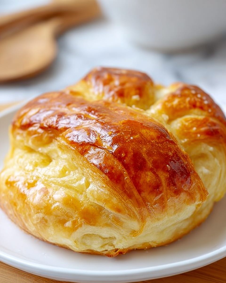 A single round pastry with a golden brown crust that is shiny and smooth on top with slight folds and soft ridges. The crust has a light, flaky texture visible around the edges where it meets a white plate underneath. The pastry is placed on a white marbled surface with a blurred white bowl and wooden utensil in the background. Photo taken with an iphone --ar 4:5 --v 7