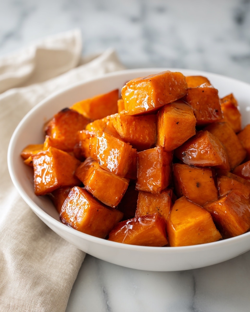 This image shows a white bowl filled with two layers of roasted sweet potato cubes. The cubes are shiny with a glaze that makes them look sticky and slightly caramelized, showing an orange and golden brown color with some darker caramel spots. The bowl sits on a light cloth napkin, all resting on a white marbled surface. The photo is close-up, focusing on the texture of the sweet potatoes, highlighting their soft and glazed appearance. photo taken with an iphone --ar 4:5 --v 7