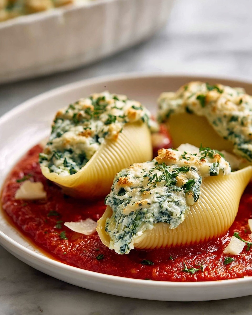Three large pasta shells stuffed with a creamy white mixture of ricotta and green spinach are arranged on a white plate. The pasta shells have a ribbed texture and sit on a base of rich red marinara sauce spread thinly on the plate. The stuffed shells are topped with small green herb pieces and a light sprinkling of grated cheese. The background features a white marbled surface with a blurred green dish and beige cloth in soft focus. photo taken with an iphone --ar 4:5 --v 7