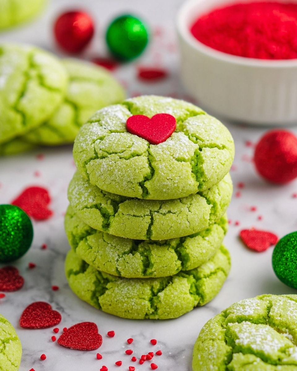 A group of bright green cookies with cracked surfaces and light dusting of white powder is placed close together on a white plate. Each cookie is round with rough textures and a small, smooth red heart decoration in the center of the top side. The cookies have a soft, slightly bumpy look with visible cracks showing their tender inside. The white plate rests on a white marbled surface. photo taken with an iphone --ar 4:5 --v 7