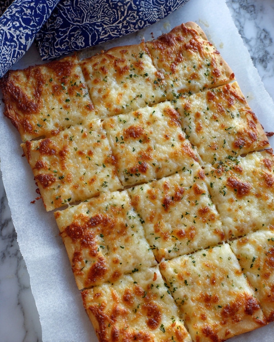 A rectangular flatbread pizza divided into sixteen small square slices with a golden-brown, bubbly melted cheese layer on top, sprinkled with fine green herbs evenly spread across the surface. The crust is thin, slightly browned at the edges, and has a light, crisp texture showing through. The flatbread rests on white baking paper over a white marbled surface, with a blue patterned cloth partly visible in the background. photo taken with an iphone --ar 4:5 --v 7
