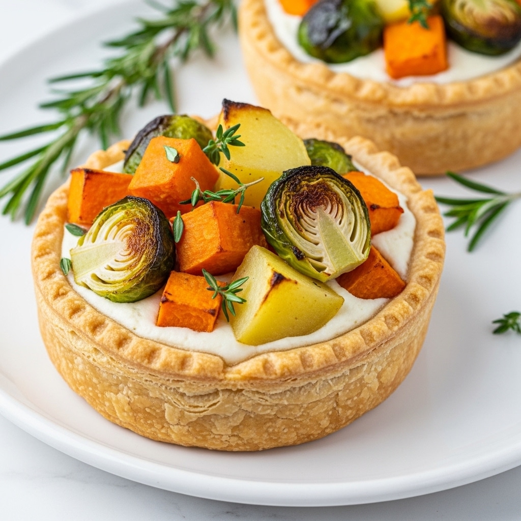 Two small round pies with golden brown, flaky crusts sit on a white plate with a white marbled texture underneath. Each pie is filled with creamy sauce and topped with a colorful mix of roasted vegetables, including orange and yellow cubes of squash or sweet potato, halved green Brussels sprouts, and small halved caramelized onions. The vegetables are sprinkled with finely chopped herbs, adding flecks of green. A sprig of fresh rosemary is placed on the plate next to the pies, enhancing the rustic and fresh look. The pies have a rich, warm appearance with a glossy finish on the crusts and vegetables. Photo taken with an iphone --ar 4:5 --v 7