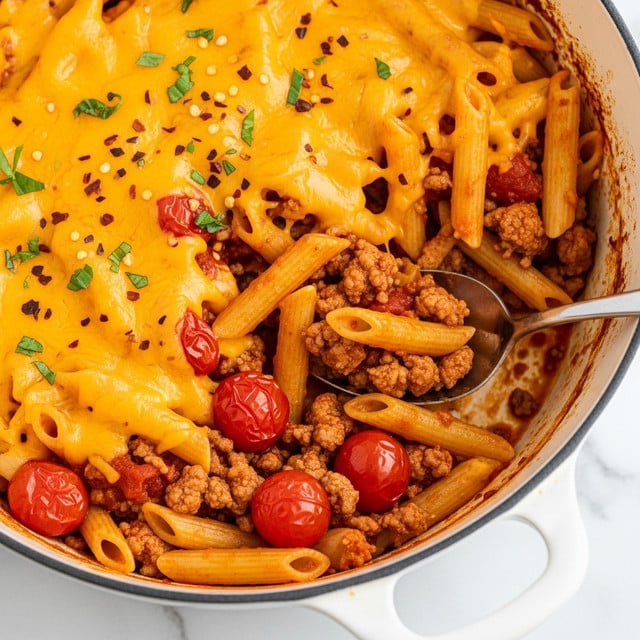 A large white pot is filled with a baked pasta dish that has three main layers. The bottom layer is a rich tomato sauce with visible chunks of ground meat and halved cherry tomatoes scattered throughout. Above this is a layer of golden cooked penne pasta mixed evenly with the sauce and meat. The top layer is melted cheddar cheese that covers the pasta in a smooth, slightly bubbling texture, sprinkled with finely chopped green herbs and small red chili flakes. A metal spoon is inserted into the pot on the right side, resting inside the pasta. The pot sits on a white marbled surface. photo taken with an iphone --ar 4:5 --v 7