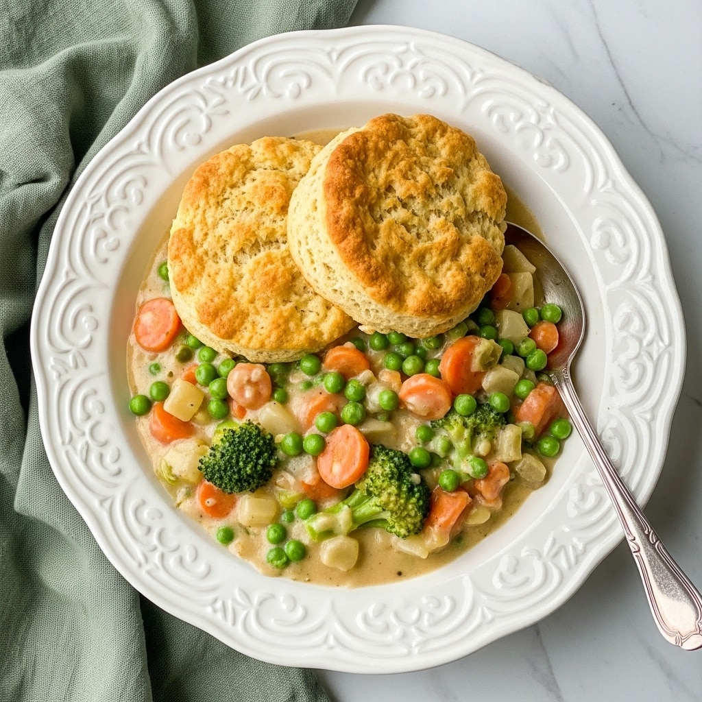 A white decorative bowl holds a creamy vegetable pot pie with a golden-brown biscuit on top. The dish has two main layers: the bottom layer is a thick creamy sauce filled with bright green peas, orange carrot pieces, small broccoli florets, and chunks of other vegetables, all mixed together in a light beige sauce. The top layer is a thick, golden biscuit with a crispy texture and a few darker brown spots from baking. A silver spoon is placed inside the bowl at the right side, touching the creamy vegetable mixture. The bowl sits on a white marbled surface next to a crumpled green linen cloth. photo taken with an iphone --ar 4:5 --v 7