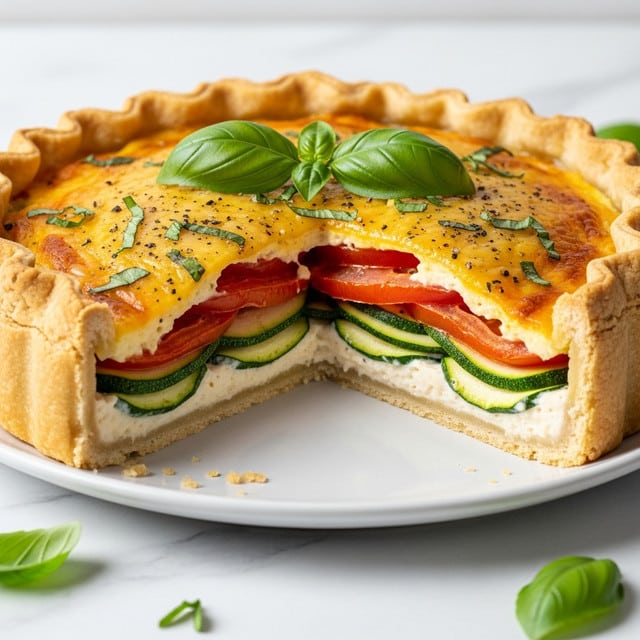 A thick vegetable tart with a golden-brown crust that is crispy and slightly flaky. The bottom layer is a smooth, light cream filling, followed by thin green zucchini slices stacked neatly. Above the zucchini is a layer of bright red tomato slices, topped with a melted golden-yellow cheese layer, seasoned with finely chopped herbs and black pepper. The tart is cut open to reveal the inside layers clearly, and three fresh green basil leaves sit on top as decoration. The tart is placed on a white plate with a few basil leaves scattered around on a white marbled surface. photo taken with an iphone --ar 4:5 --v 7