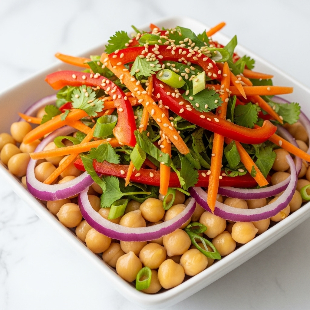 A white square bowl is filled with a colorful chickpea salad. The bottom layer is whole light tan chickpeas mixed with thin slices of red onion. On top are thin strips of bright orange carrot and red bell pepper, mixed with chopped green herbs like cilantro and green onion, sprinkled with light sesame seeds. The salad is piled high, showing the different colors and textures of the fresh vegetables and beans against the white bowl on a white marbled surface. photo taken with an iphone --ar 4:5 --v 7