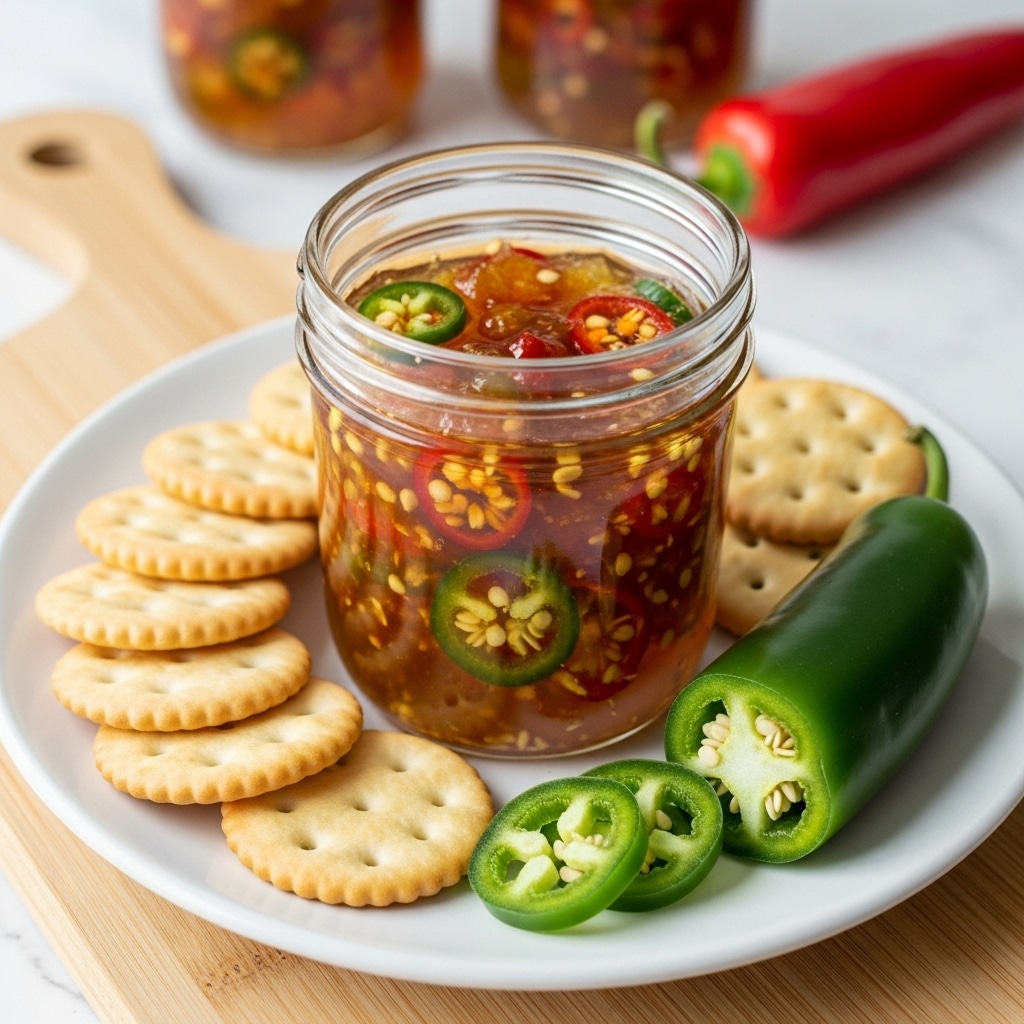 A clear glass jar filled with golden amber chili jelly that has visible red and green chili pieces and white seeds floating inside is placed in the center of a white plate. Surrounding the jar are evenly arranged round pale beige crackers with small holes in the middle and a slightly textured surface. Next to the jar on the plate, there is a whole fresh green jalapeño pepper and thinly sliced green jalapeño rings showing their white seeds inside. The plate with the chili jelly and crackers rests on a light wooden board, and in the blurred background are two more jars filled with the same chili jelly, along with a red pepper on the white marbled surface. photo taken with an iphone --ar 4:5 --v 7