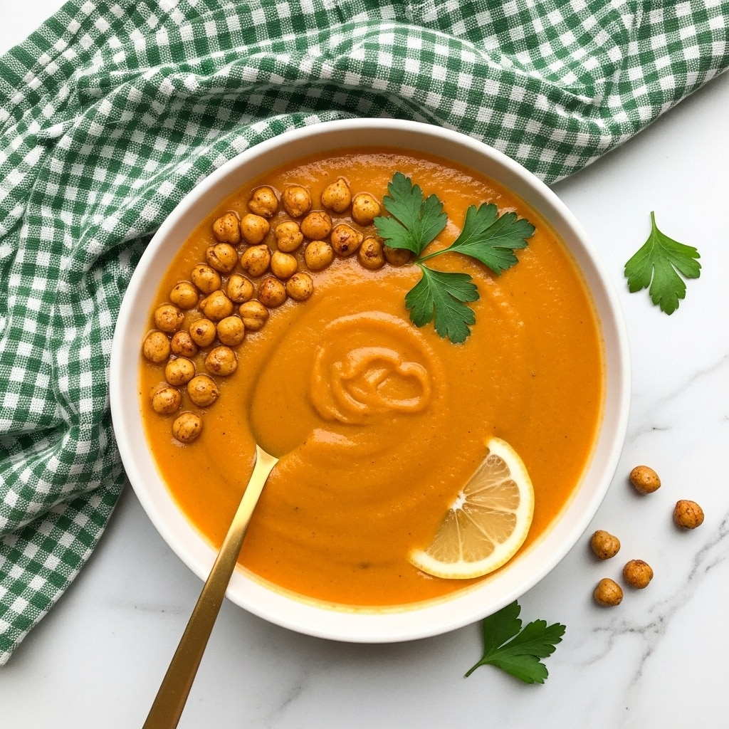 A round bowl sits on a white marbled surface, filled with a thick, smooth orange soup. Floating on top near the edge are small, roasted golden-brown chickpeas grouped together, along with fresh leafy green parsley. A thin lemon slice is partially submerged in the soup near the bottom right. A gold spoon rests inside the bowl, scooping some of the soup. A green and white checkered cloth is draped loosely in the upper left corner, adding a soft texture to the scene. A few scattered parsley leaves and chickpeas lie on the white marbled surface around the bowl. Photo taken with an iphone --ar 4:5 --v 7